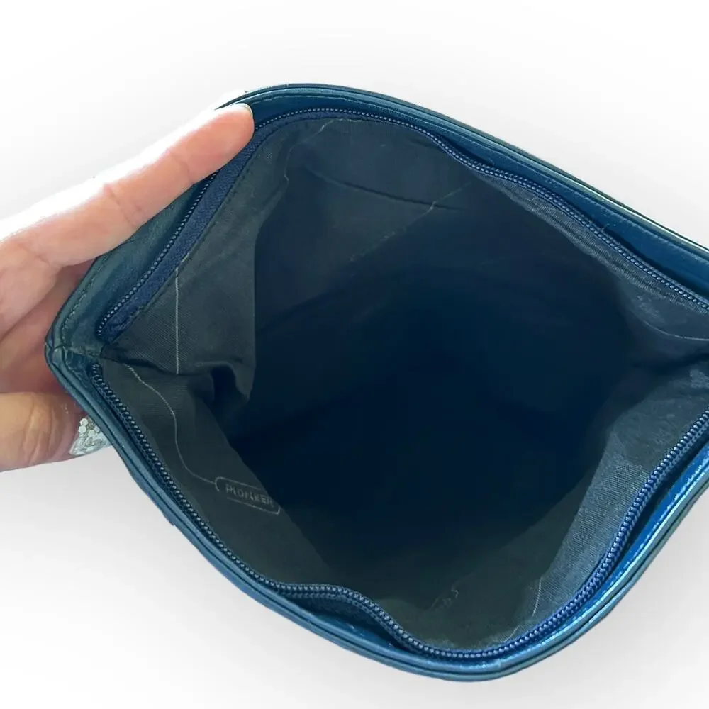 Pioneer Vintage 80s Navy Blue Leather Fold Over Clutch Purse w/ Fabric Cut Outs